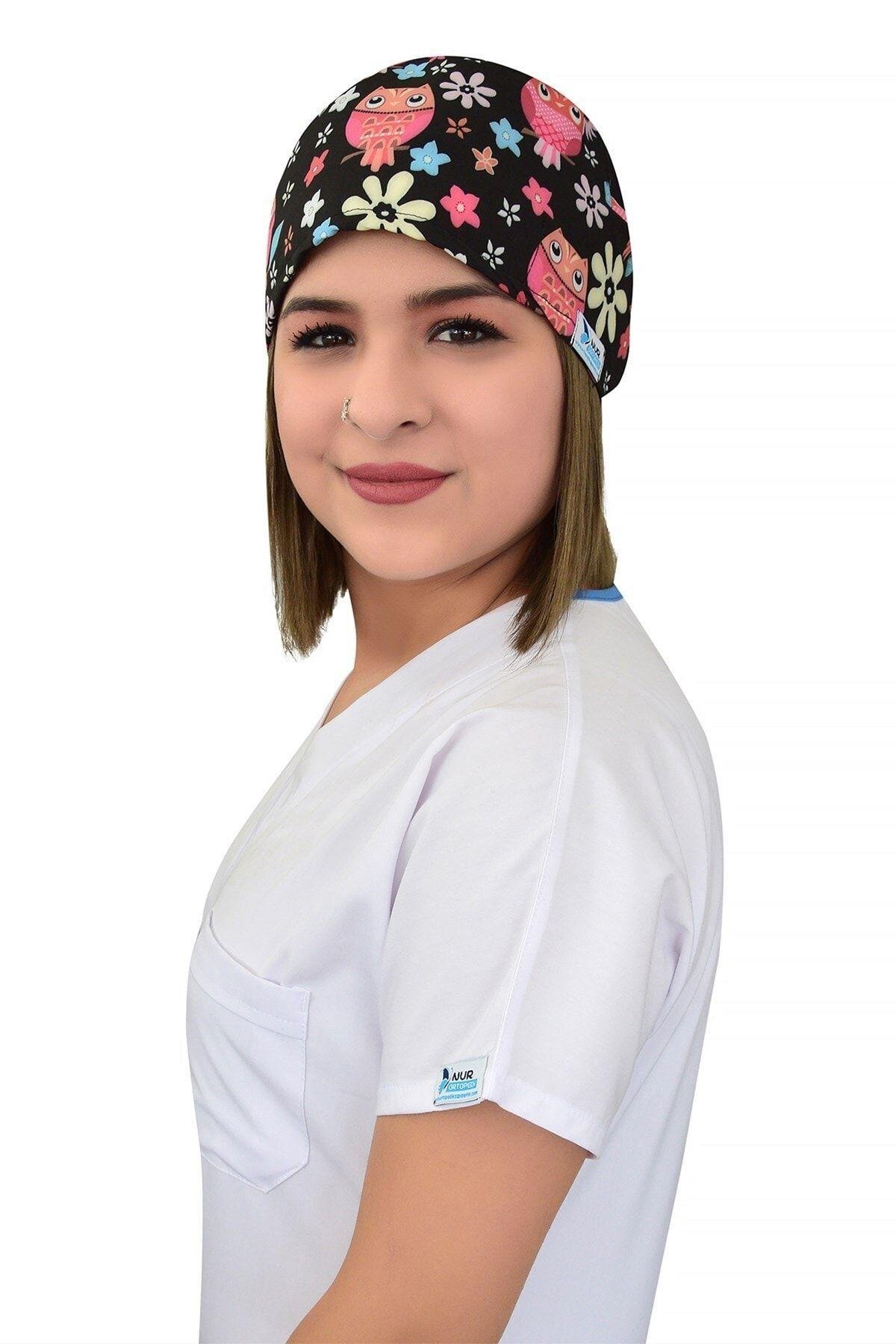 Doktor, Hemşire Bonesi Çiçekli Baykuş Desenli Cerrahi Bone-Nur Medikal Giyim