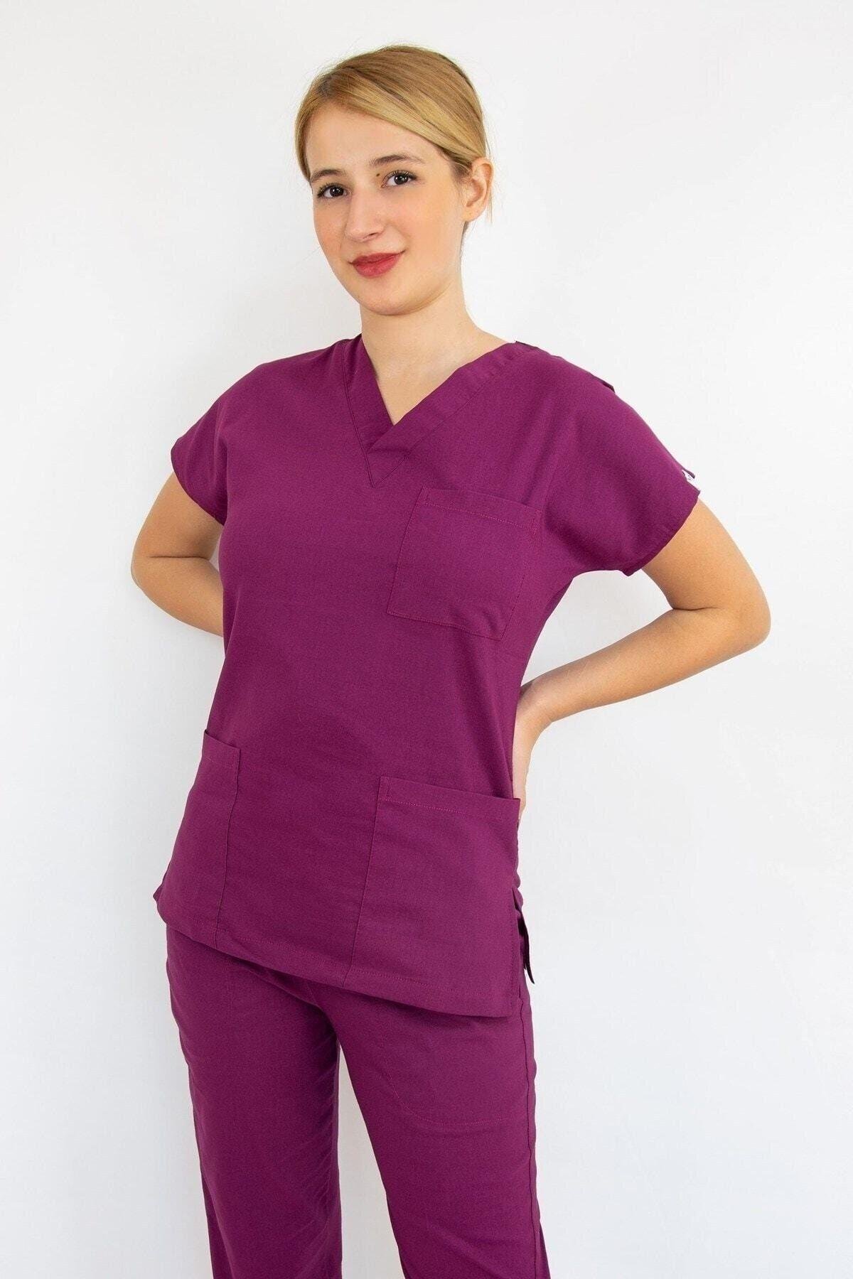 Doktor Hemşire Forması Açık Mürdüm Likralı Tek Üst Forma Scrubs Greys-Nur Medikal Giyim