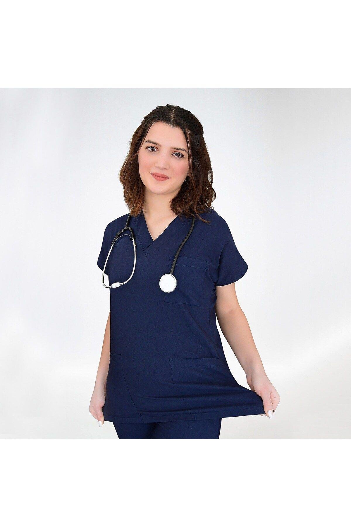 Doktor Hemşire Forması Lacivert Pamuk Likralı Yarasa Kol Scrubs Cerrahi Takım Unisex-Nur Medikal Giyim