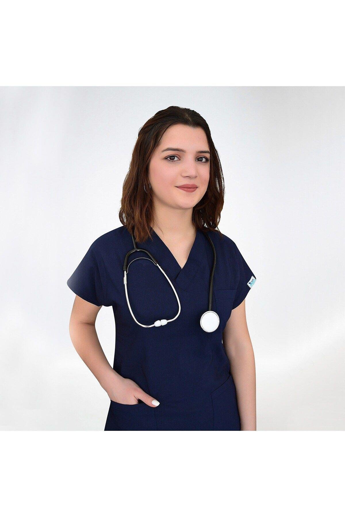 Doktor Hemşire Forması Lacivert Pamuk Likralı Yarasa Kol Scrubs Cerrahi Takım Unisex-Nur Medikal Giyim