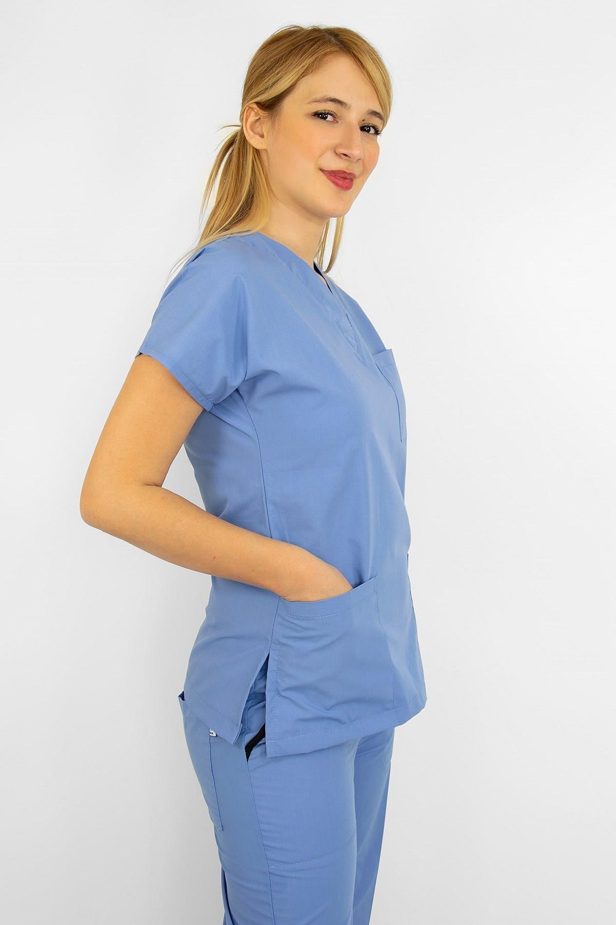 Dokuz Eylül Mavisi Likralı Üst Forma-Nur Medikal Giyim