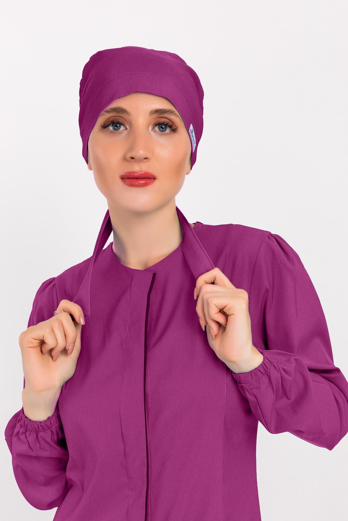Düz Açık Mor Renk Tesettür Doktor Hemşire Hastane Medikal Tesettür Cerrahi Bonesi-Nur Medikal Giyim