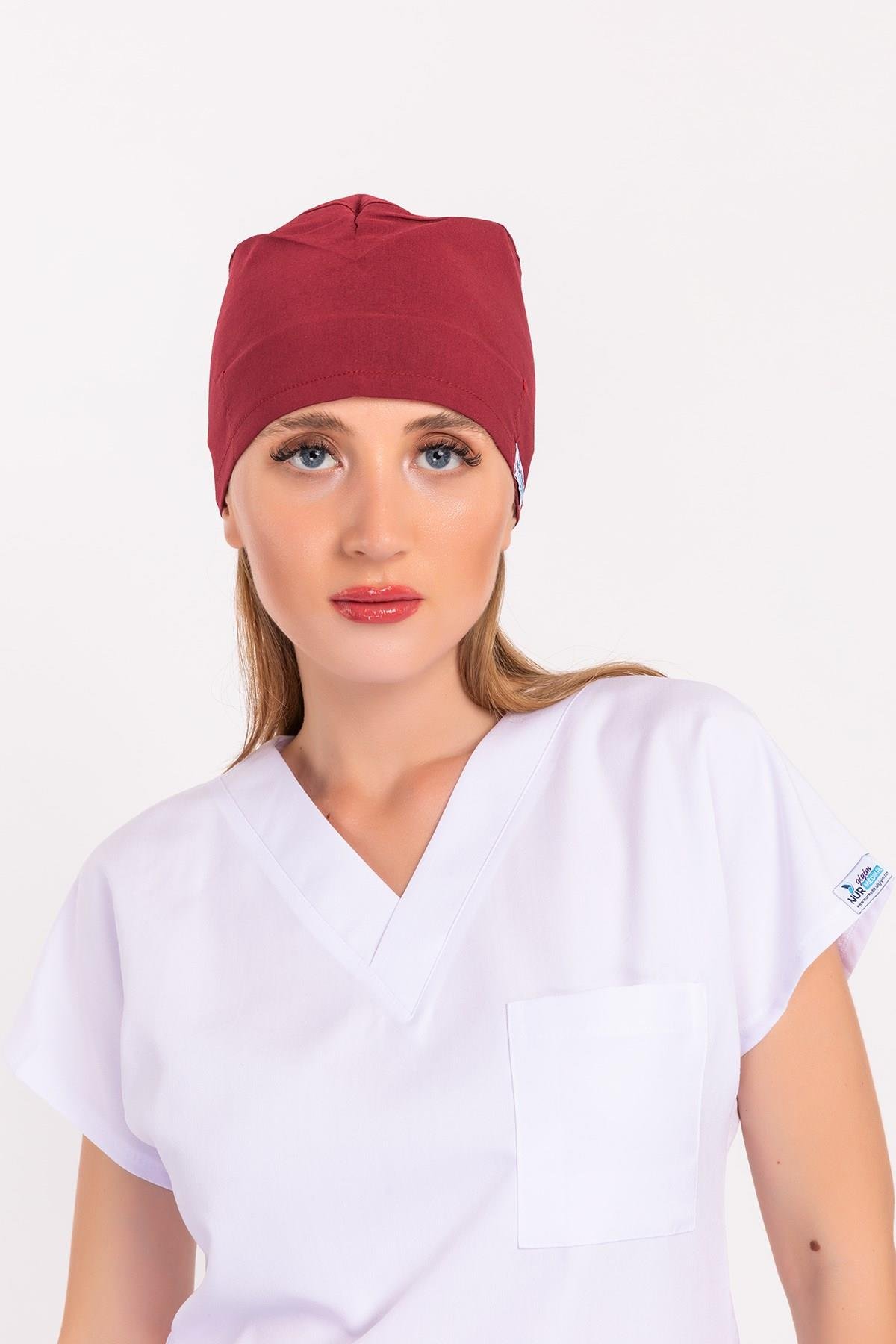 Düz Bordo Renk Unisex Cerrahi Boneler Doktor Ameliyat Saç Bonesi-Nur Medikal Giyim
