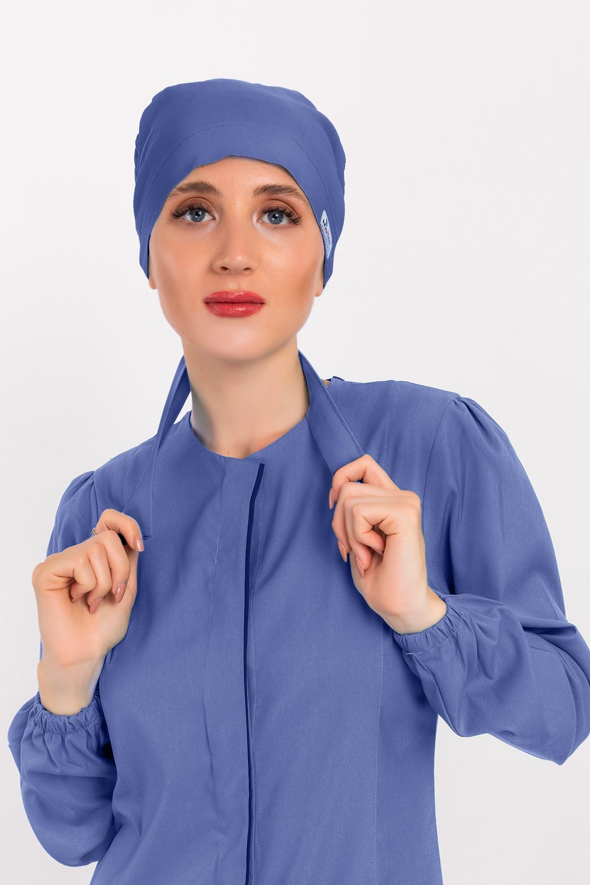 Düz Fırtına Mavisi Tesettür Doktor Hemşire Hastane Aşçı Cerrahi Bone-Nur Medikal Giyim