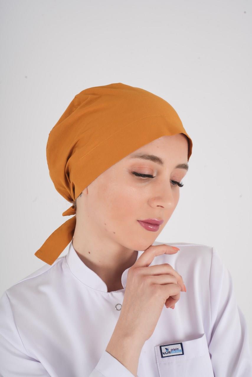 Düz Hardal Tesettür Doktor Hemşire Aşçı Cerrahi Hastane Tesettür Bonesi-Nur Medikal Giyim