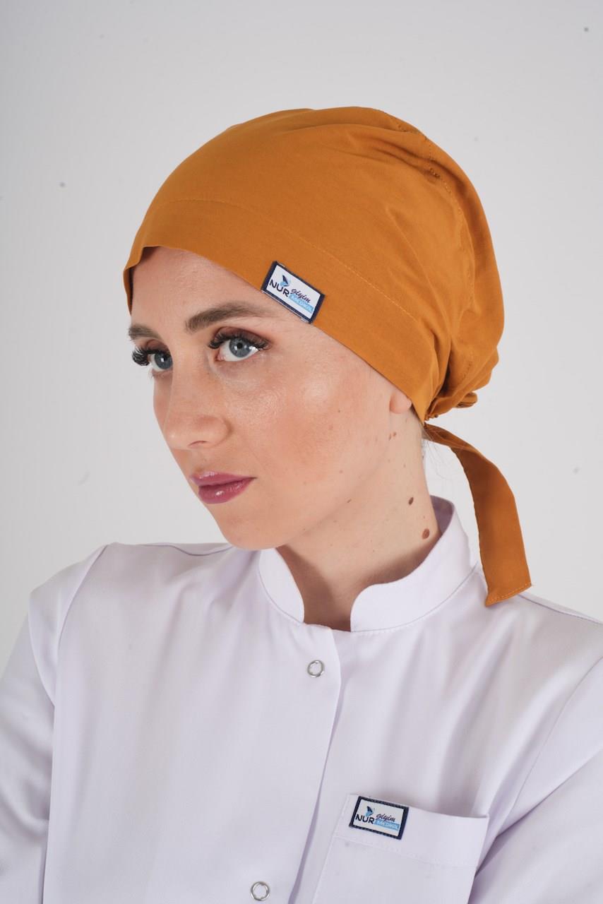 Düz Hardal Tesettür Doktor Hemşire Aşçı Cerrahi Hastane Tesettür Bonesi-Nur Medikal Giyim