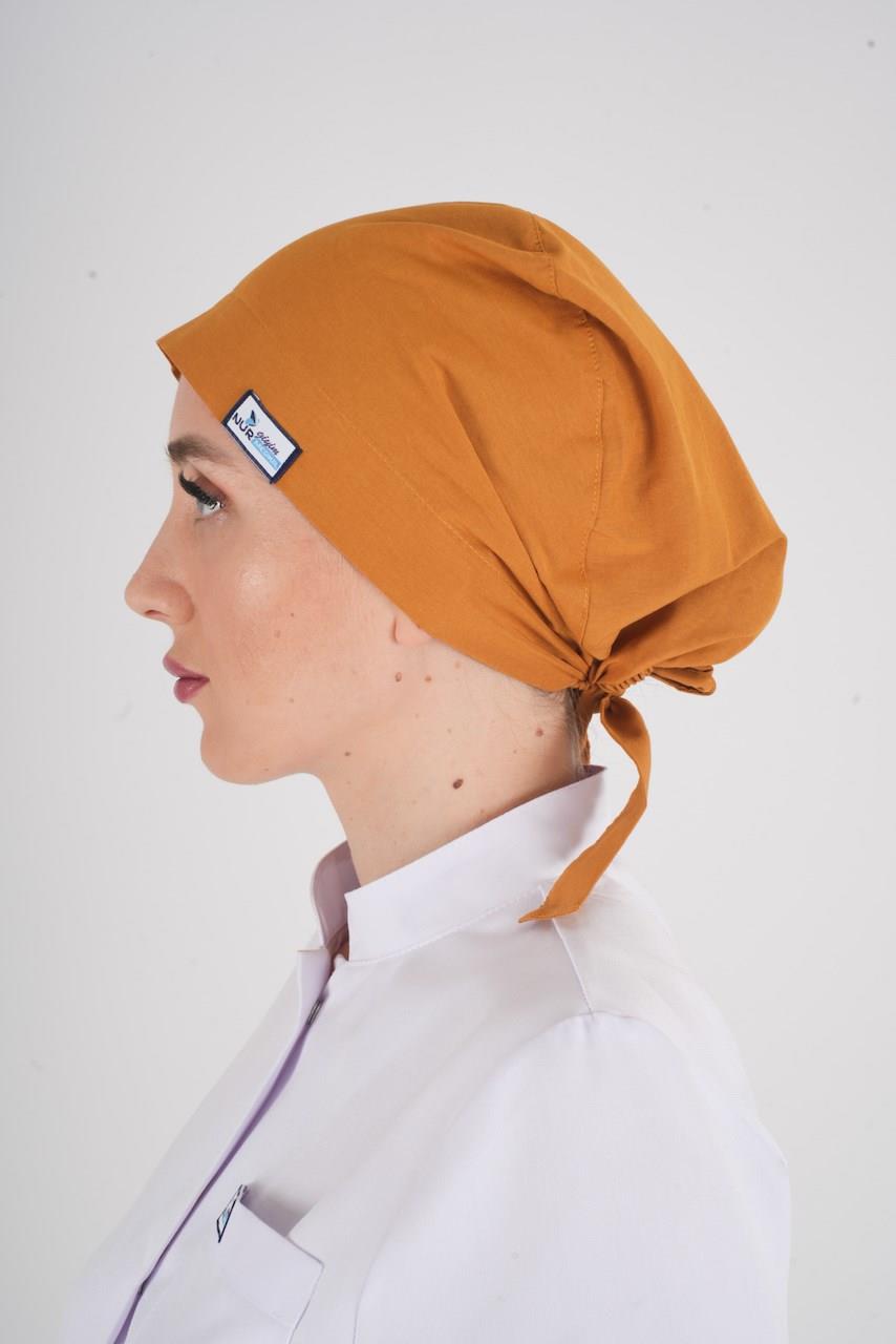 Düz Hardal Tesettür Doktor Hemşire Aşçı Cerrahi Hastane Tesettür Bonesi-Nur Medikal Giyim