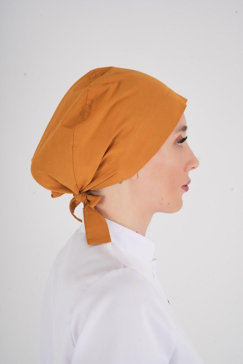 Düz Hardal Tesettür Doktor Hemşire Aşçı Cerrahi Hastane Tesettür Bonesi-Nur Medikal Giyim