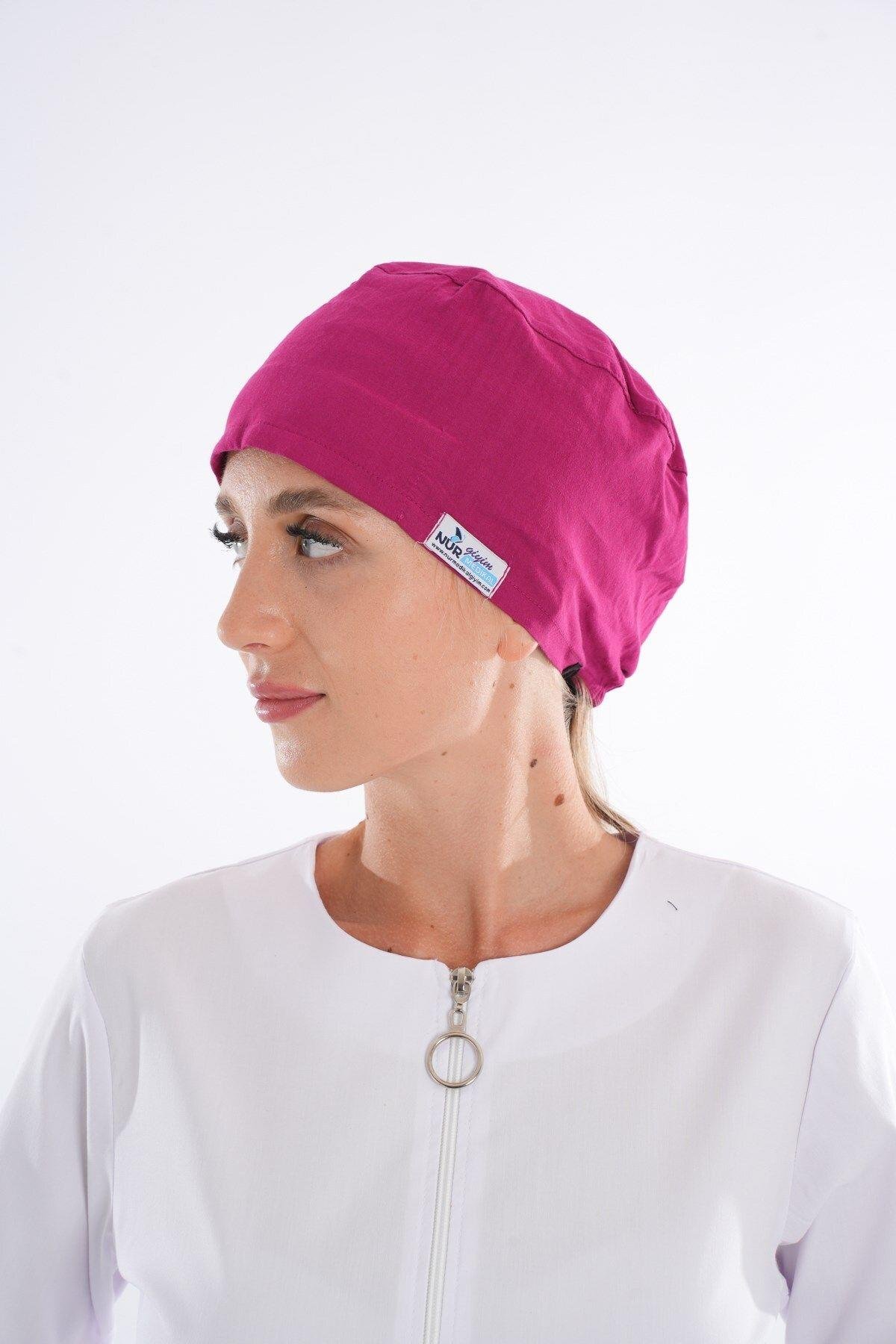 Düz Vişne Renk Doktor Hemşire Hastane Aşçı Medikal Cerrahi Bone B135-Nur Medikal Giyim