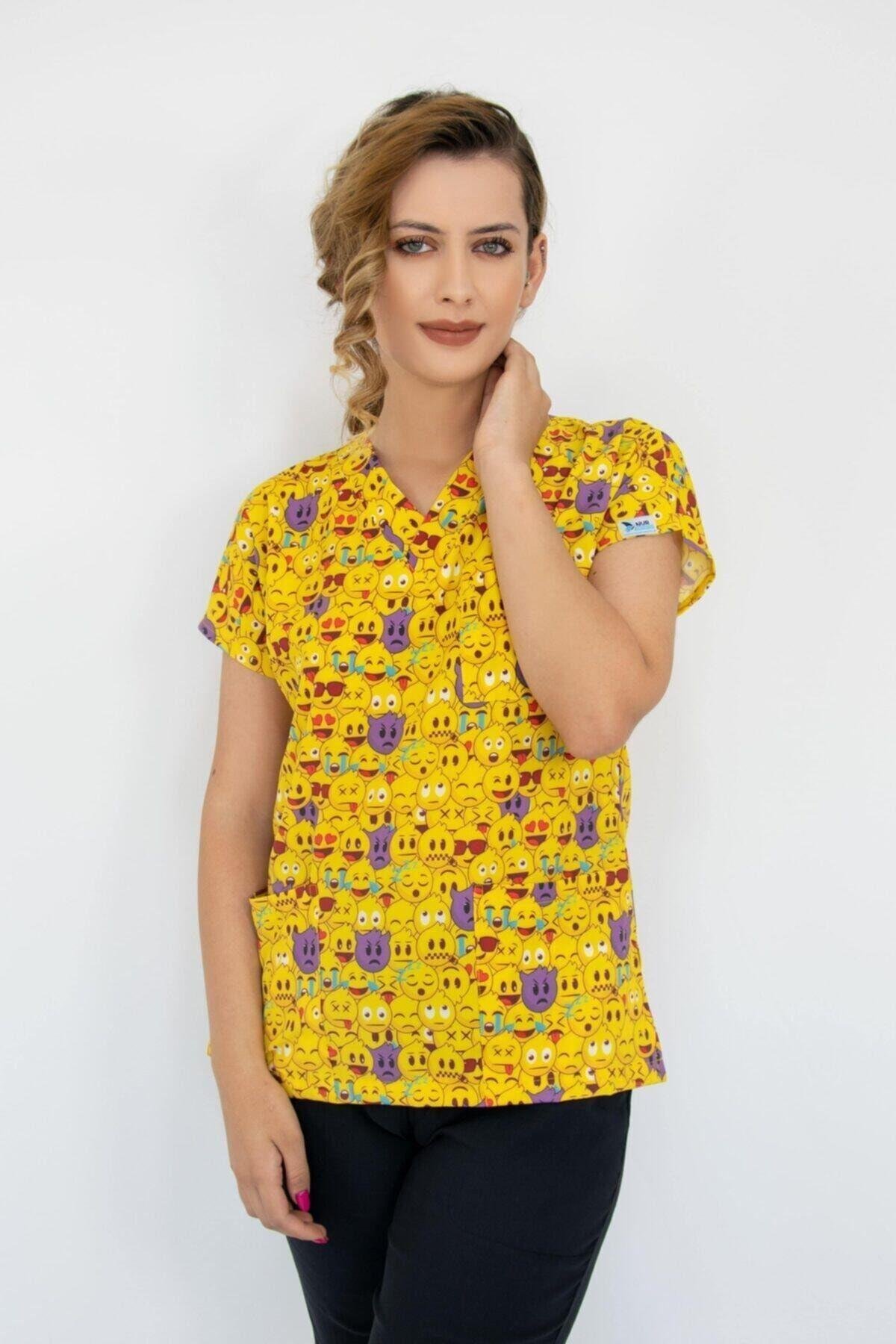 Emojiler Temalı Cerrahi Doktor Hemşire Hastane Aşçı Likralı Forma Alt Üst Takım-Nur Medikal Giyim