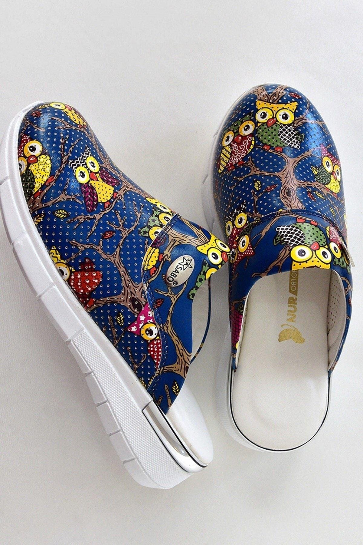 Gece Baykuş Temalı Ultra Hafif Comfort Taban Bayan Sabo Terlik-Nur Ortopedi