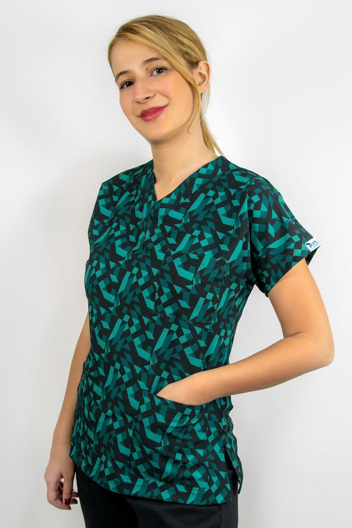 Geometri Desenli Likralı Hemşire Doktor Cerrahi Scrubs Üniforma Takım-Nur Medikal Giyim