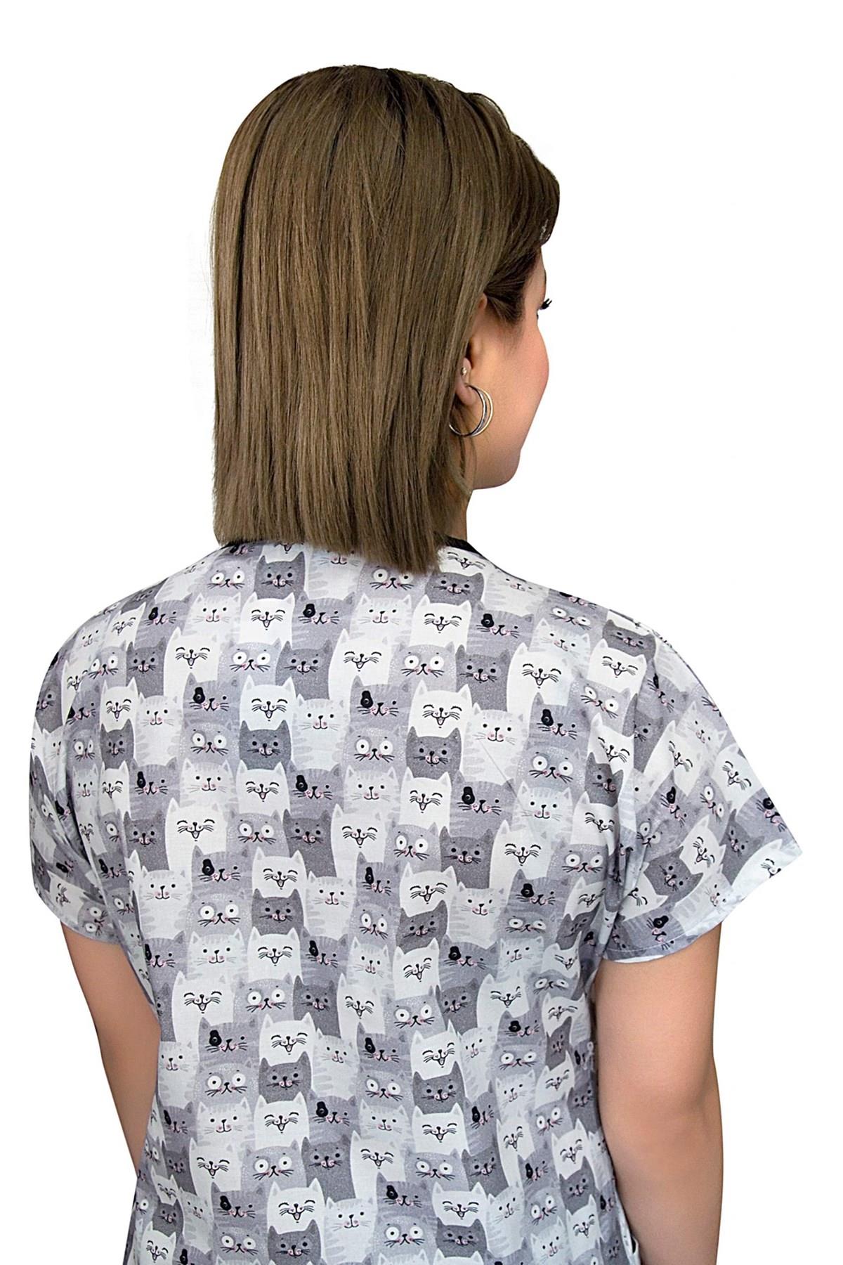 Gri Kediler Pamuklu Master Likra Doktor Hemşire Veteriner Tek Üst Forma-Nur Medikal Giyim