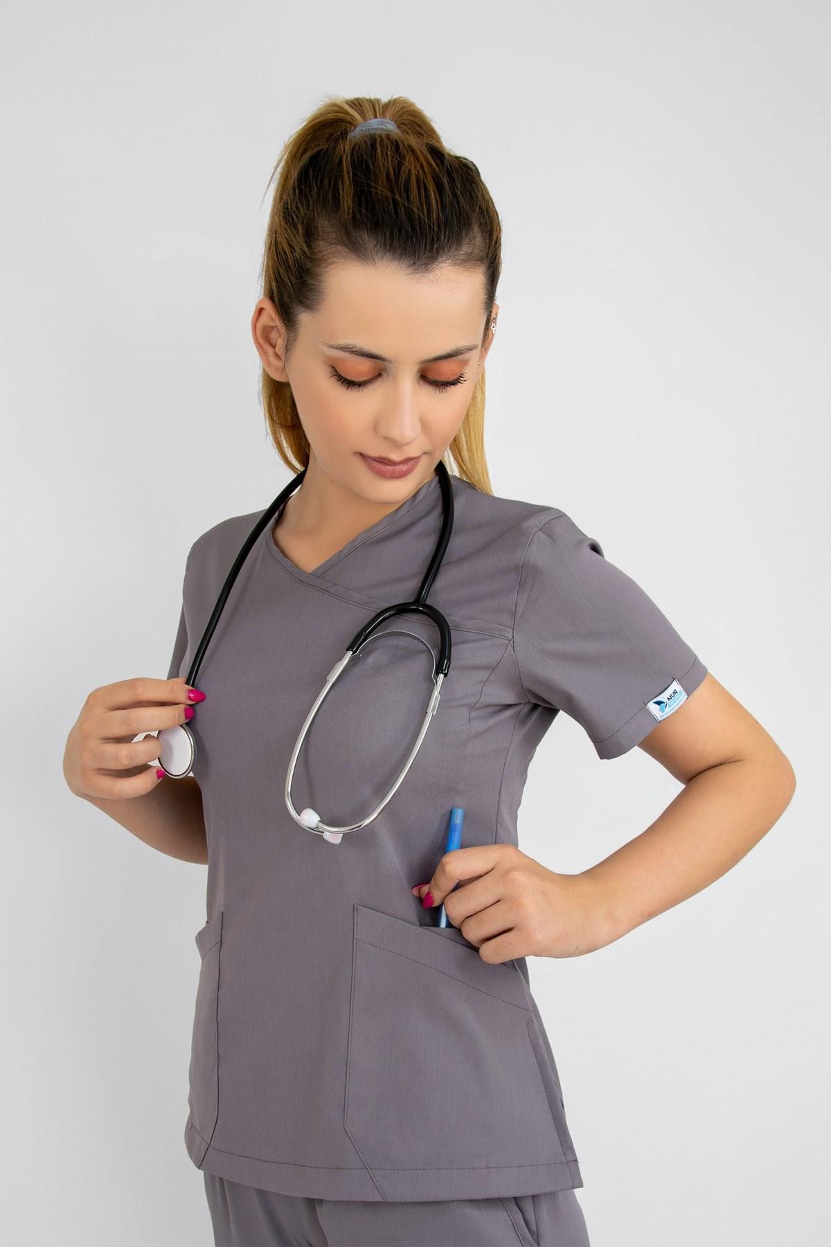 Gri Likralı Jogger Hemşire Doktor Nöbet Cerrahi Üniforma Takım-Nur Medikal Giyim