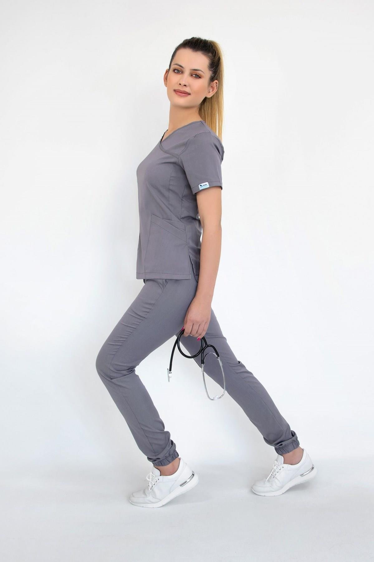 Gri Likralı Jogger Hemşire Doktor Nöbet Cerrahi Üniforma Takım-Nur Medikal Giyim