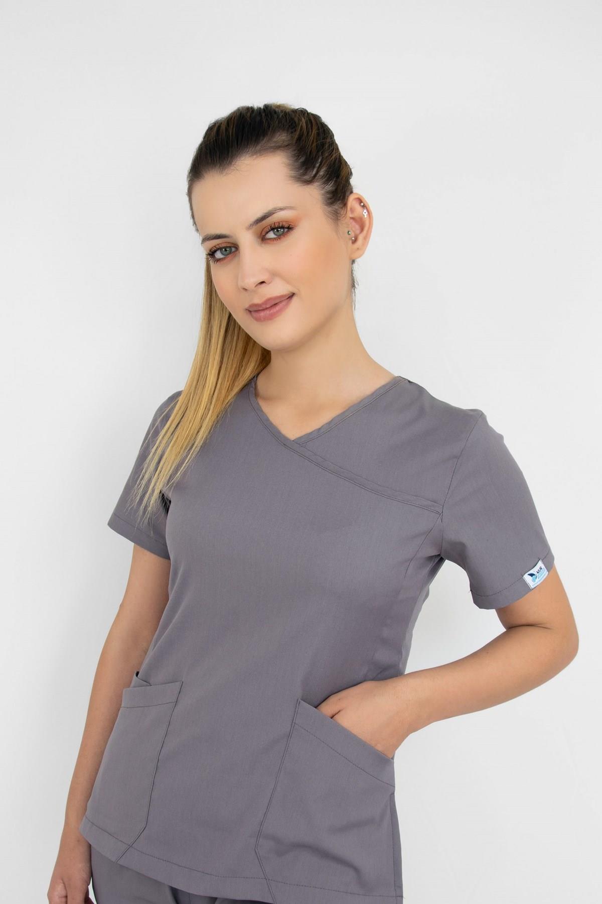 Gri Likralı Jogger Hemşire Doktor Nöbet Cerrahi Üniforma Takım-Nur Medikal Giyim