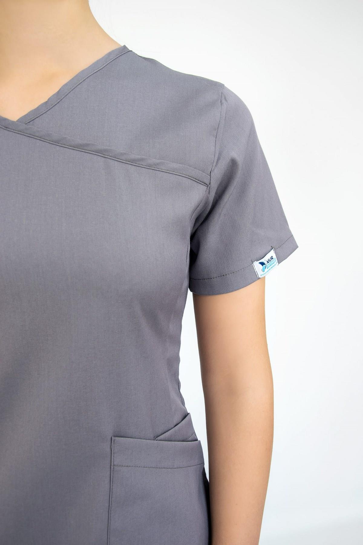 Gri Likralı Jogger Hemşire Doktor Nöbet Cerrahi Üniforma Takım-Nur Medikal Giyim