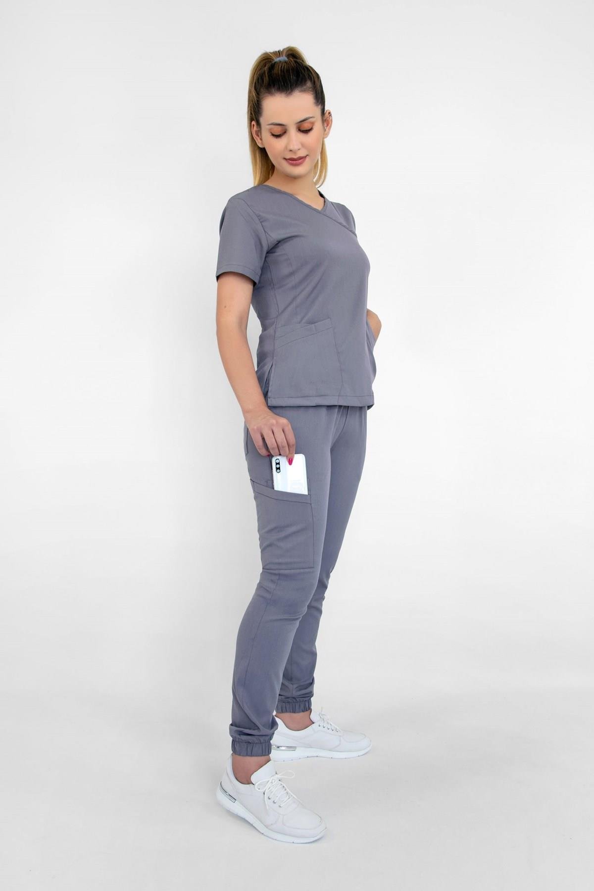 Gri Likralı Jogger Hemşire Doktor Nöbet Cerrahi Üniforma Takım-Nur Medikal Giyim