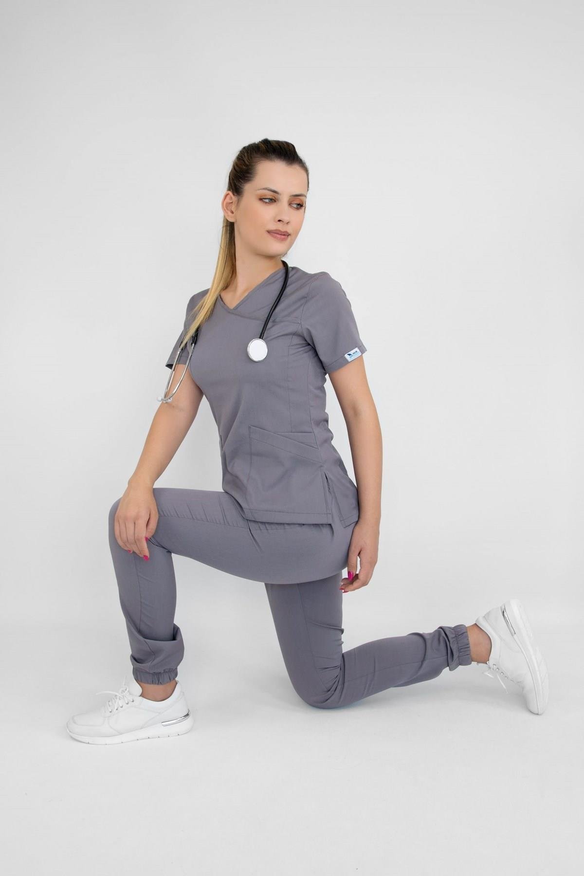 Gri Likralı Jogger Hemşire Doktor Nöbet Cerrahi Üniforma Takım-Nur Medikal Giyim