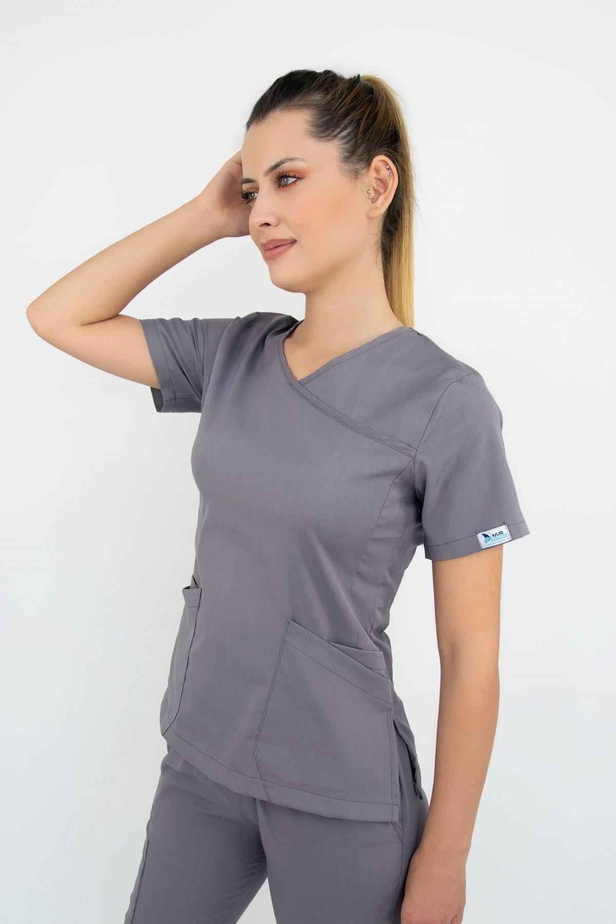 Gri Likralı Jogger Hemşire Doktor Nöbet Cerrahi Üniforma Takım-Nur Medikal Giyim