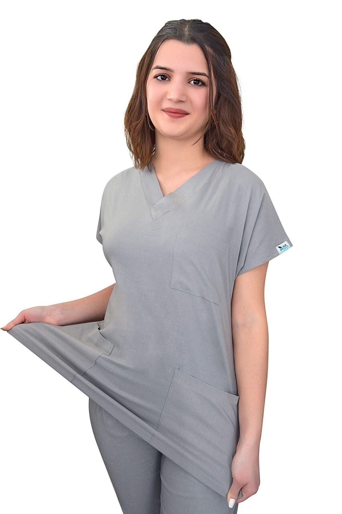 Gri Likralı Üst Forma-Nur Medikal Giyim