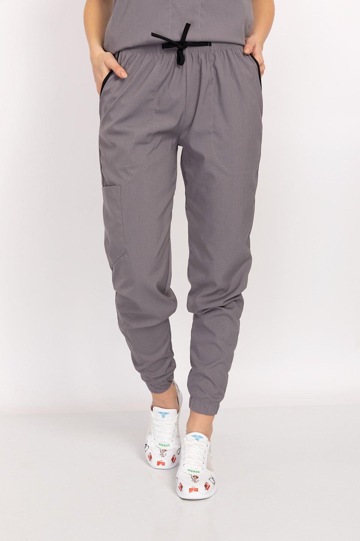 Gri Renk Çıt Çıtlı Hakim Yaka Soft Likra Doktor Hemşire Hastane Cerrahi Nöbet Forma Takım-Nur Medikal Giyim