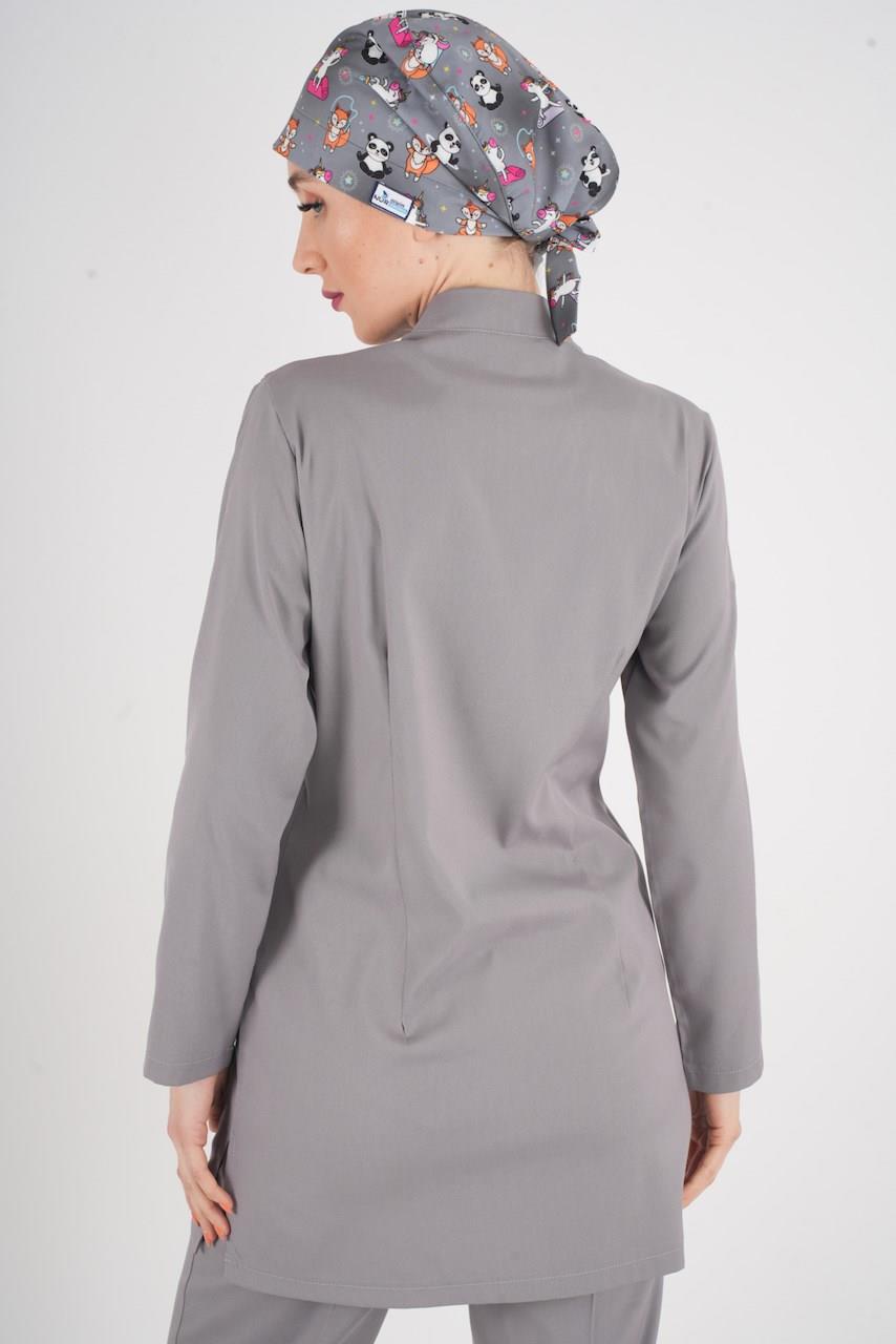 Gri Renk Sakura Model Tesettür Doktor Hemşire Scrubs Üniforma Takımı-Nur Medikal Giyim