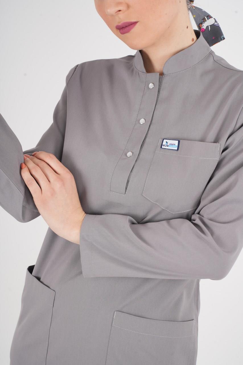 Gri Renk Sakura Model Tesettür Doktor Hemşire Scrubs Üniforma Takımı-Nur Medikal Giyim