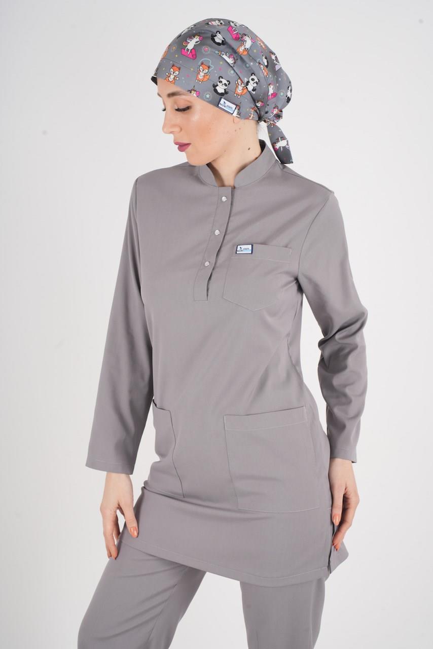 Gri Renk Sakura Model Tesettür Doktor Hemşire Scrubs Üniforma Takımı-Nur Medikal Giyim