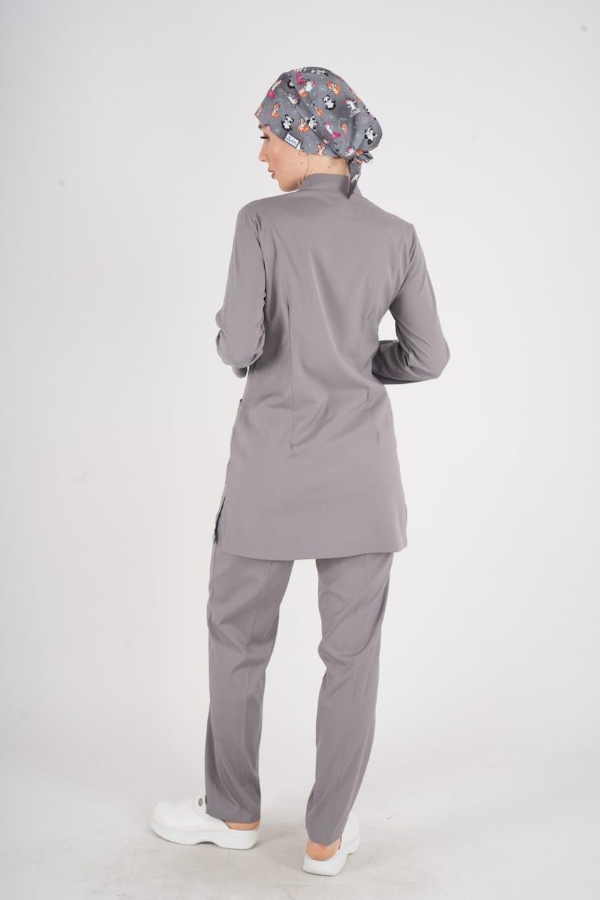 Gri Renk Sakura Model Tesettür Doktor Hemşire Scrubs Üniforma Takımı-Nur Medikal Giyim