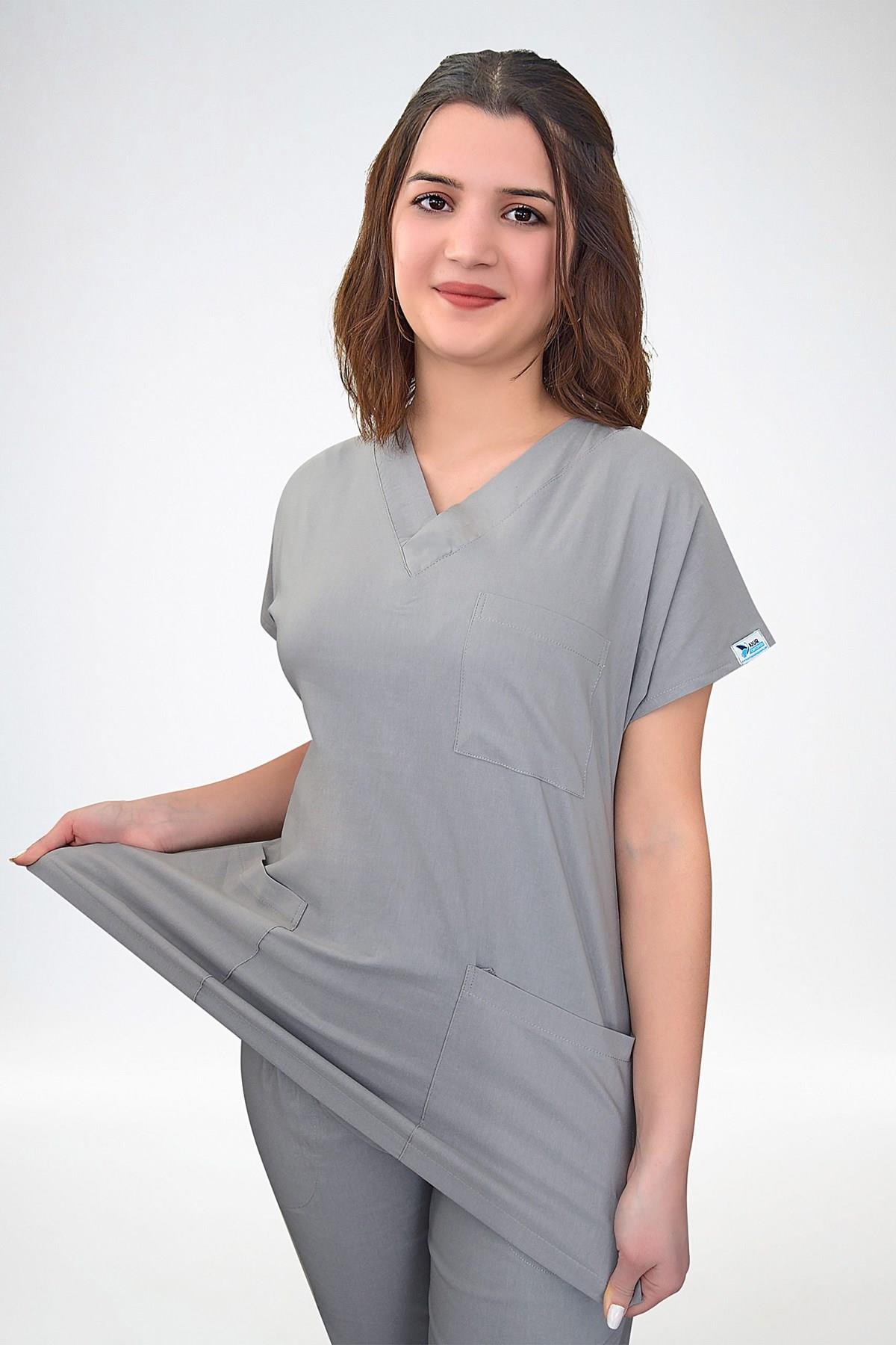 Gri Soft Likra Hemşire Hastane Doktor Cerrahi Üniforma Nöbet Takım-Nur Medikal Giyim