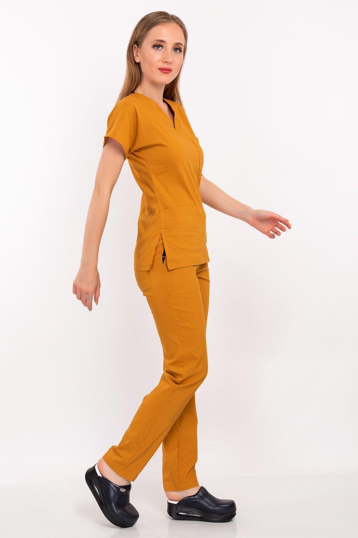 Hardal Rengi Likralı Alt Üst Takım-Nur Medikal Giyim