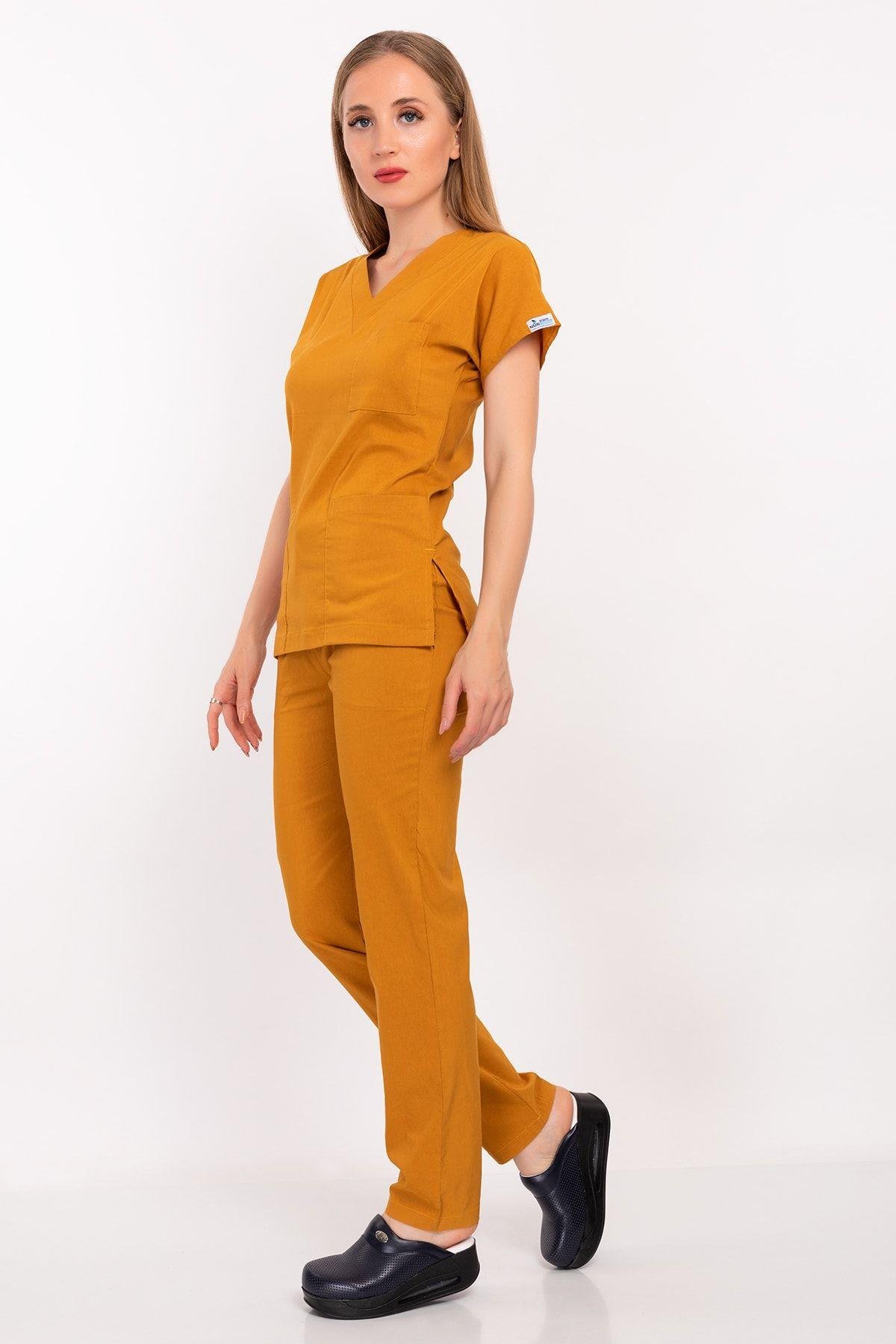 Hardal Rengi Likralı Alt Üst Takım-Nur Medikal Giyim