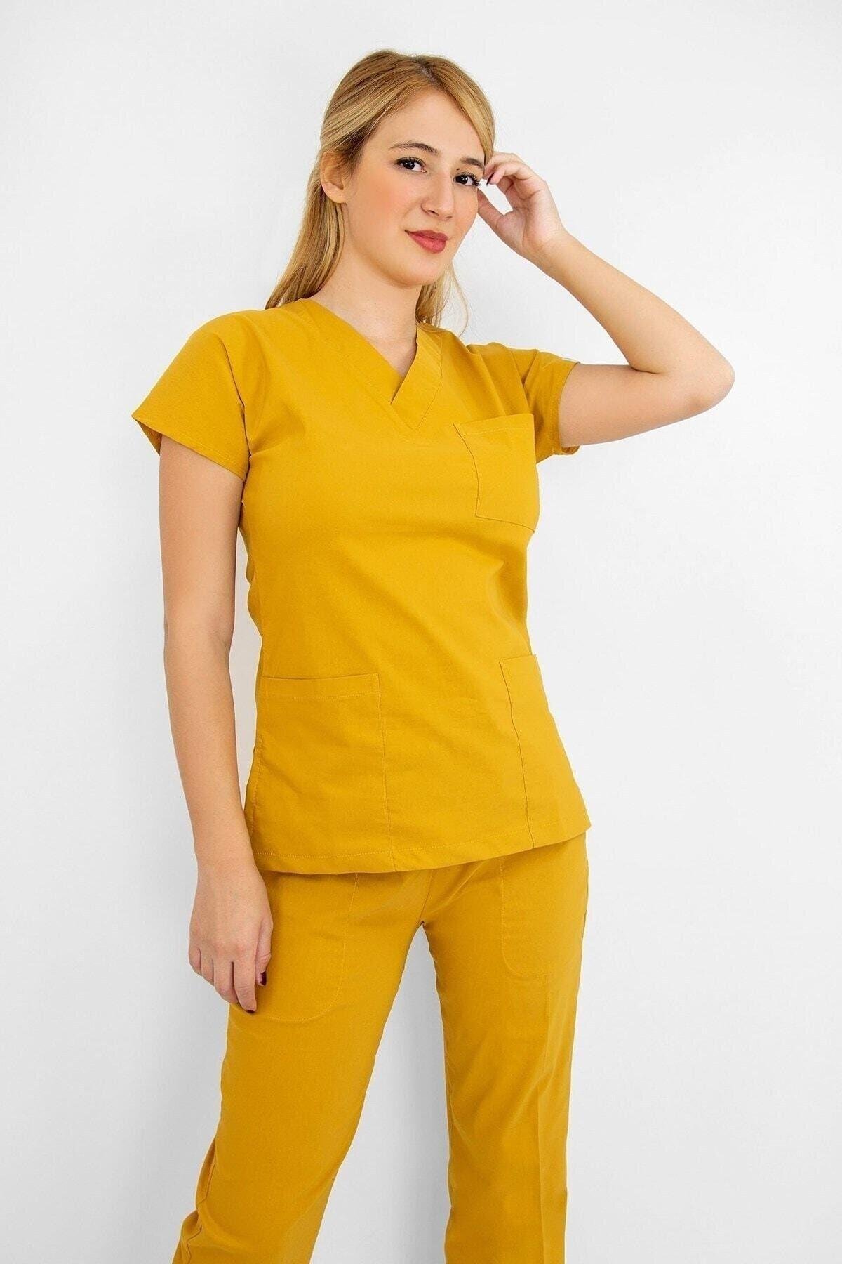 Hardal Sarısı Likralı Üst Forma-Nur Medikal Giyim