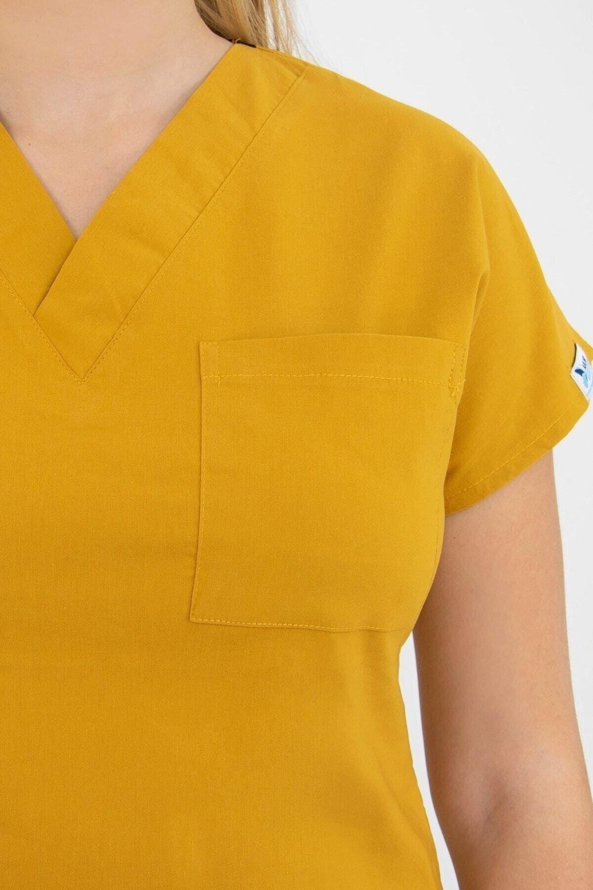 Hardal Sarısı Likralı Üst Forma-Nur Medikal Giyim