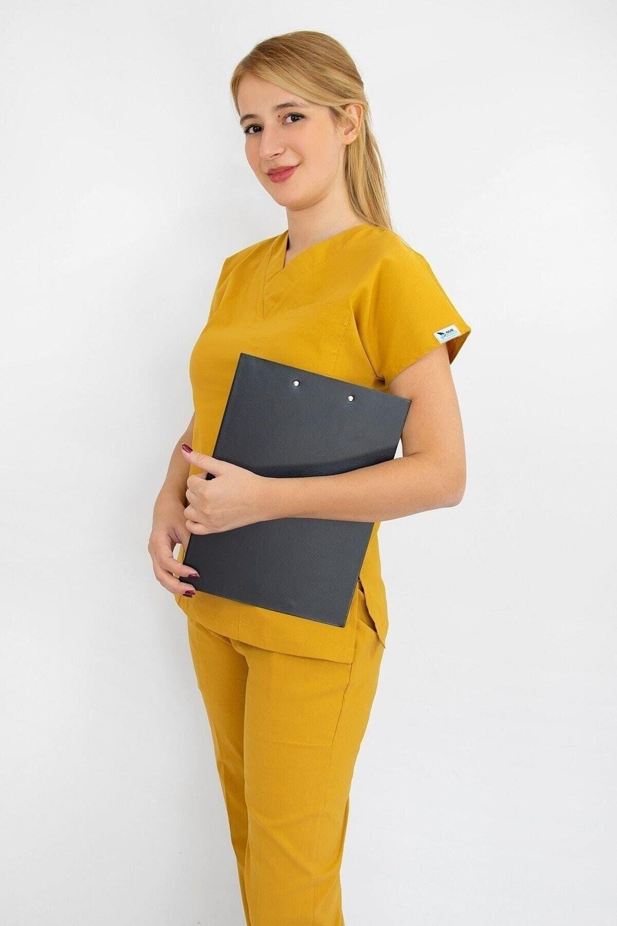 Hardal Sarısı Likralı Üst Forma-Nur Medikal Giyim