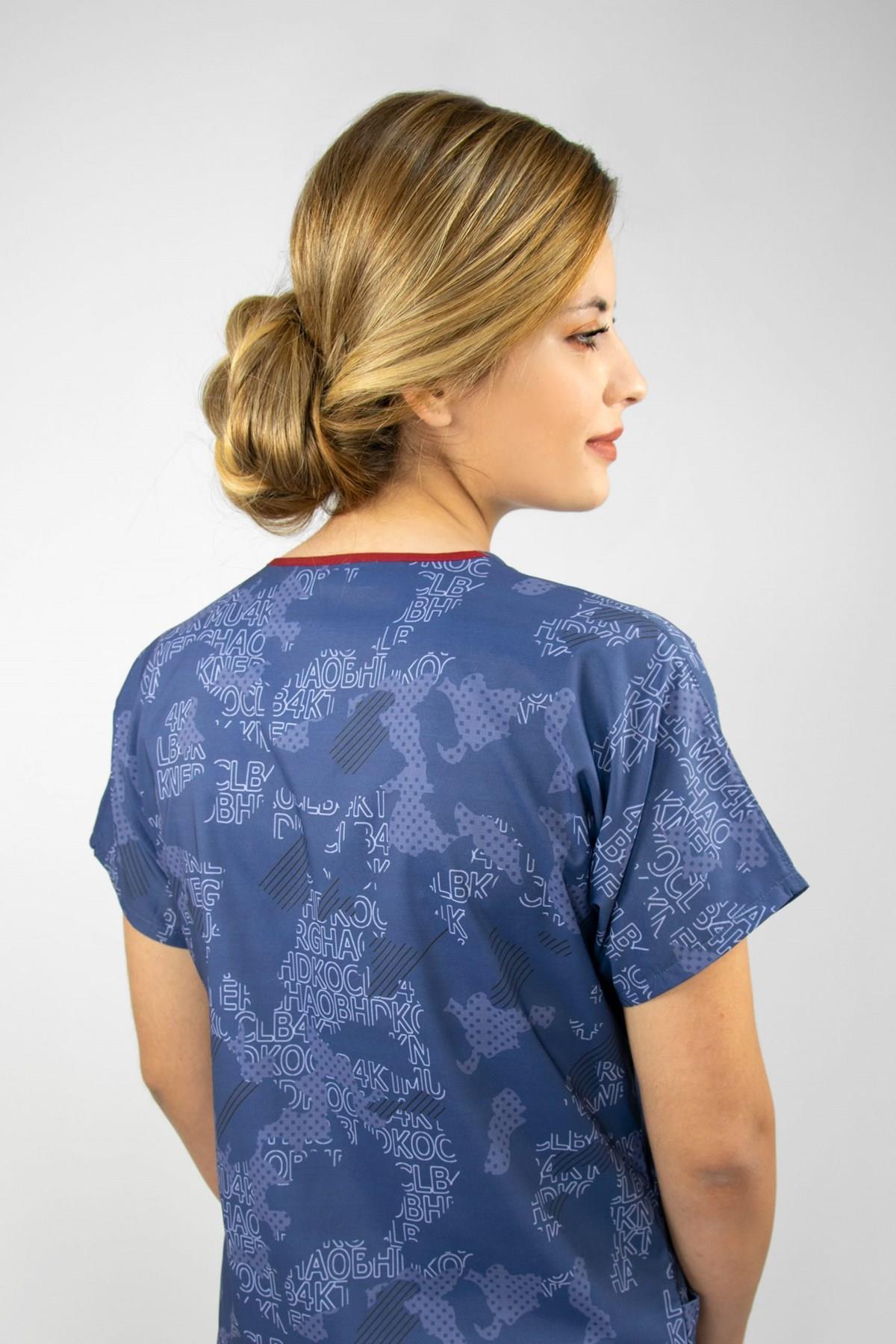 Harita Desenli Likralı Doktor Hemşire Hastane Cerrahi Tek Üst Forma-Nur Medikal Giyim