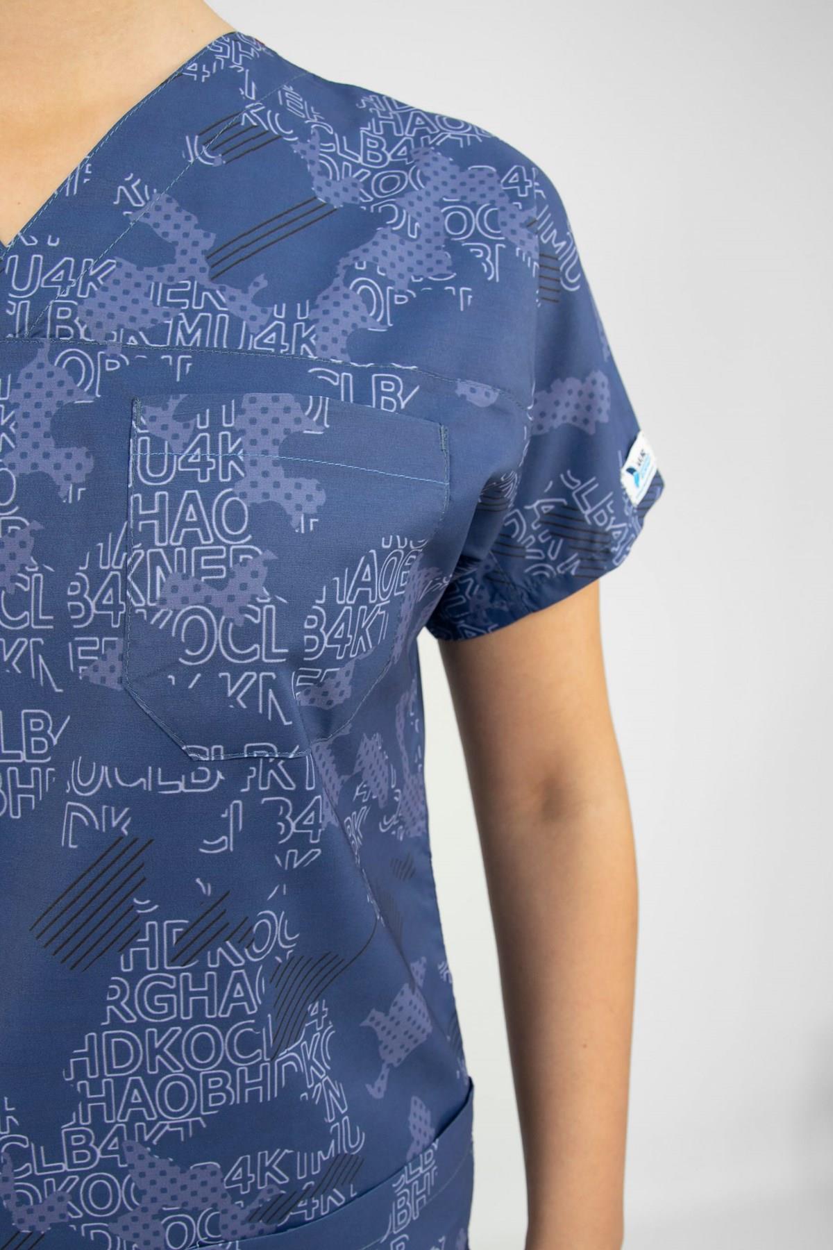 Harita Desenli Likralı Doktor Hemşire Hastane Cerrahi Tek Üst Forma-Nur Medikal Giyim