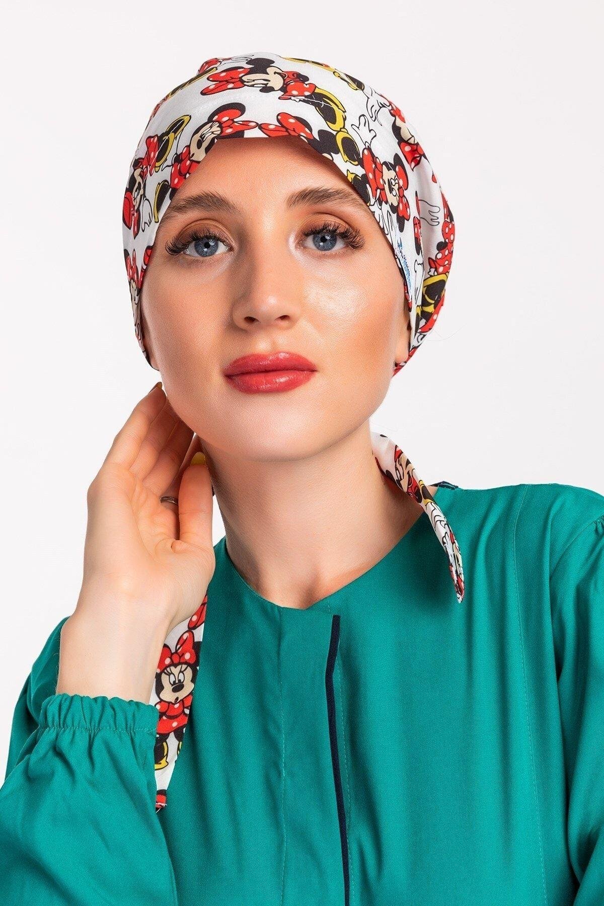 Kadın Beyaz Minnie Mouse Hemşire Doktor Tesettür Bone-Nur Medikal Giyim