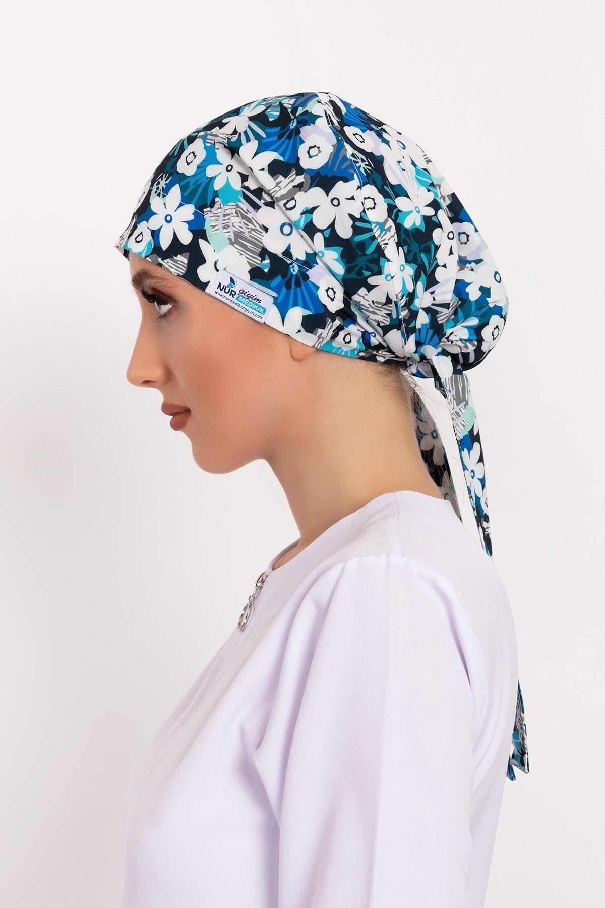 Kadın Beyaz Papatya Desenli Tesettür Doktor Hemşire Hastane Aşçı Cerrahi Bone-Nur Medikal Giyim