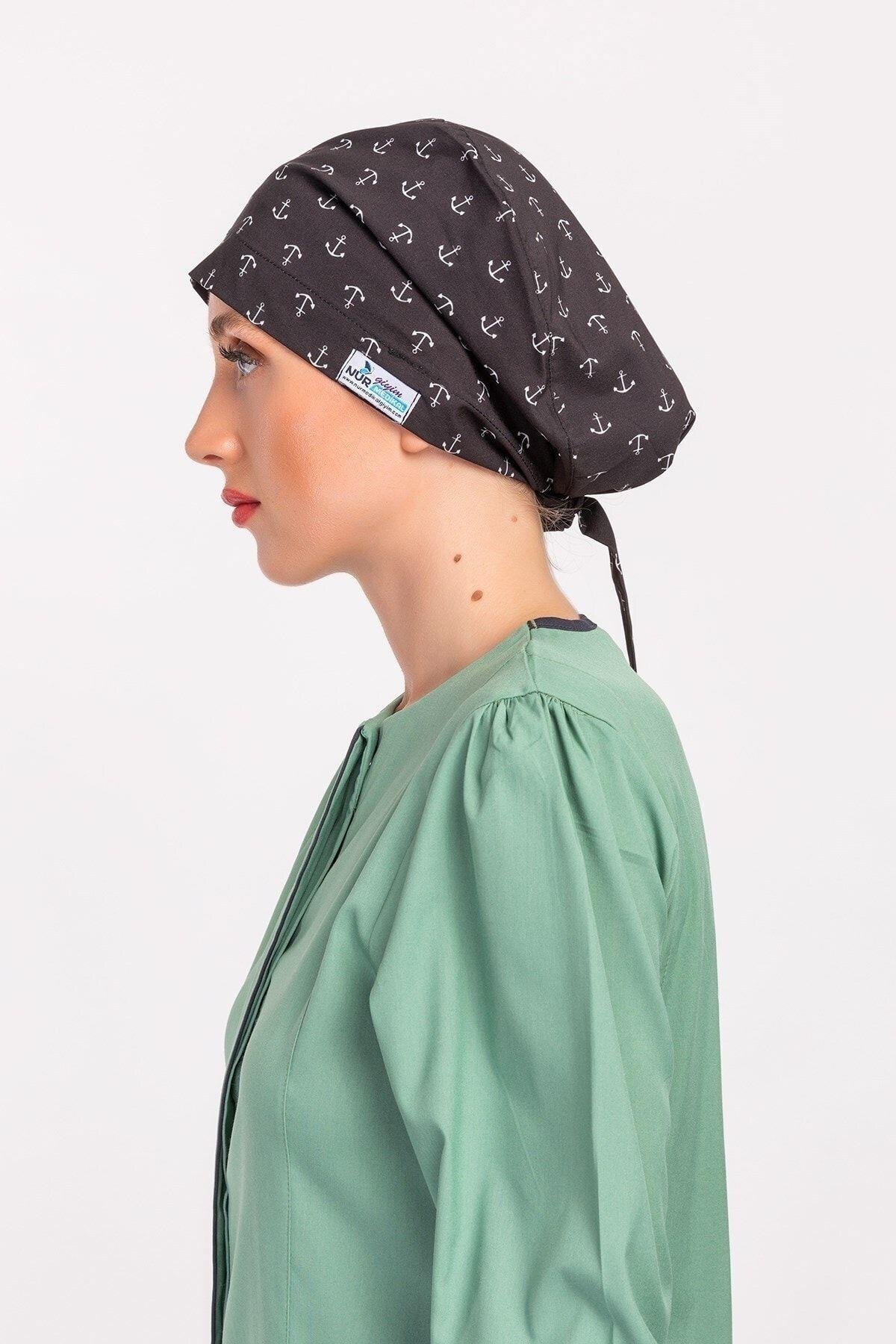 Kadın Çapa Desenli Tesettür Hemşire Doktor Hastane Bonesi-Nur Medikal Giyim