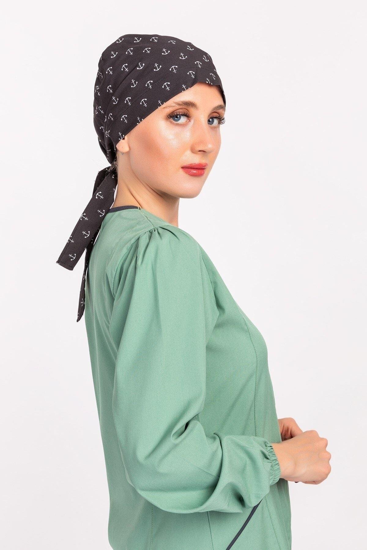 Kadın Çapa Desenli Tesettür Hemşire Doktor Hastane Bonesi-Nur Medikal Giyim