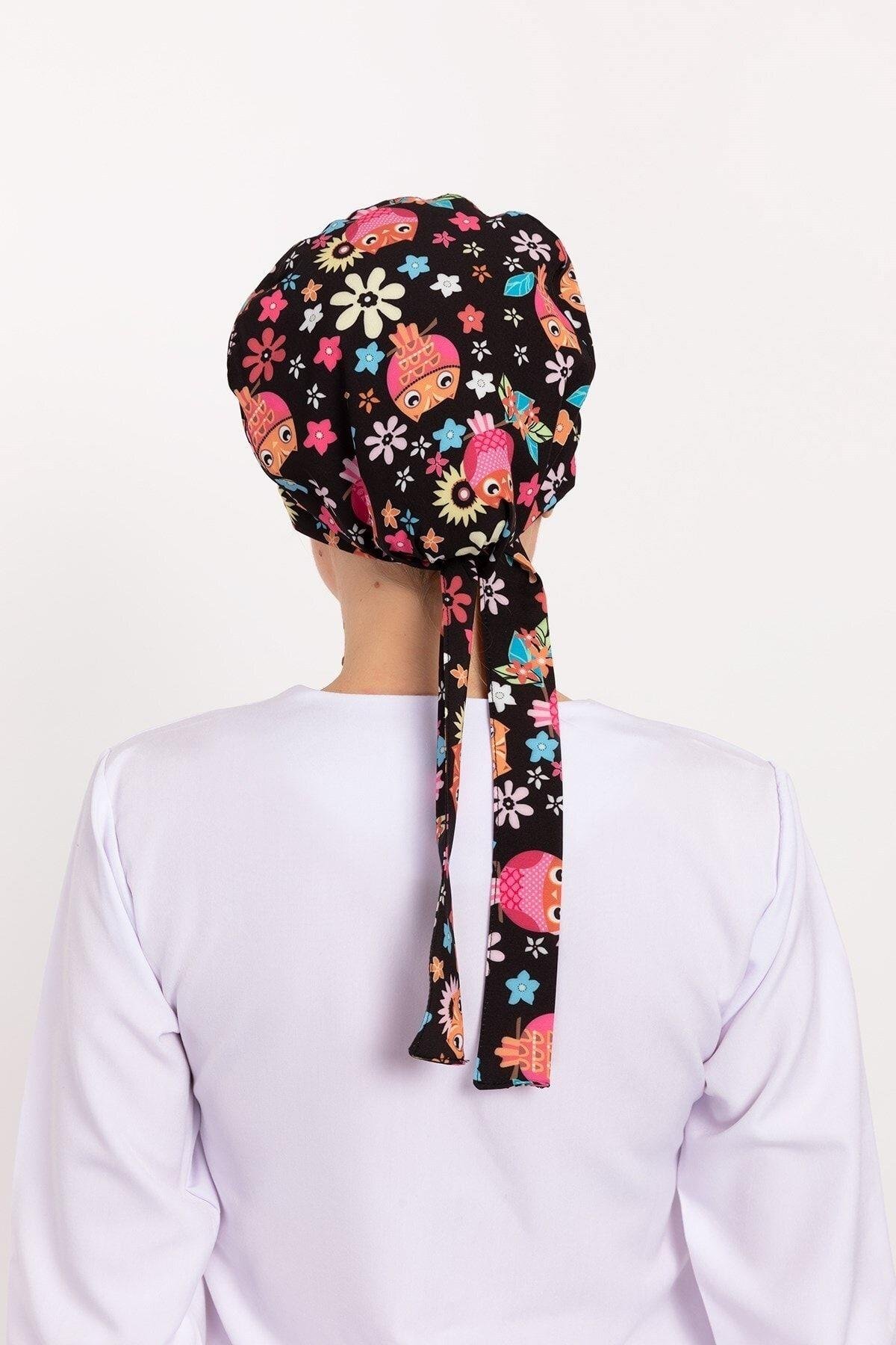 Kadın Çiçekli Baykuş Desenli Tesettür Doktor Hemşire Hastane Aşçı Cerrahi Bone-Nur Medikal Giyim