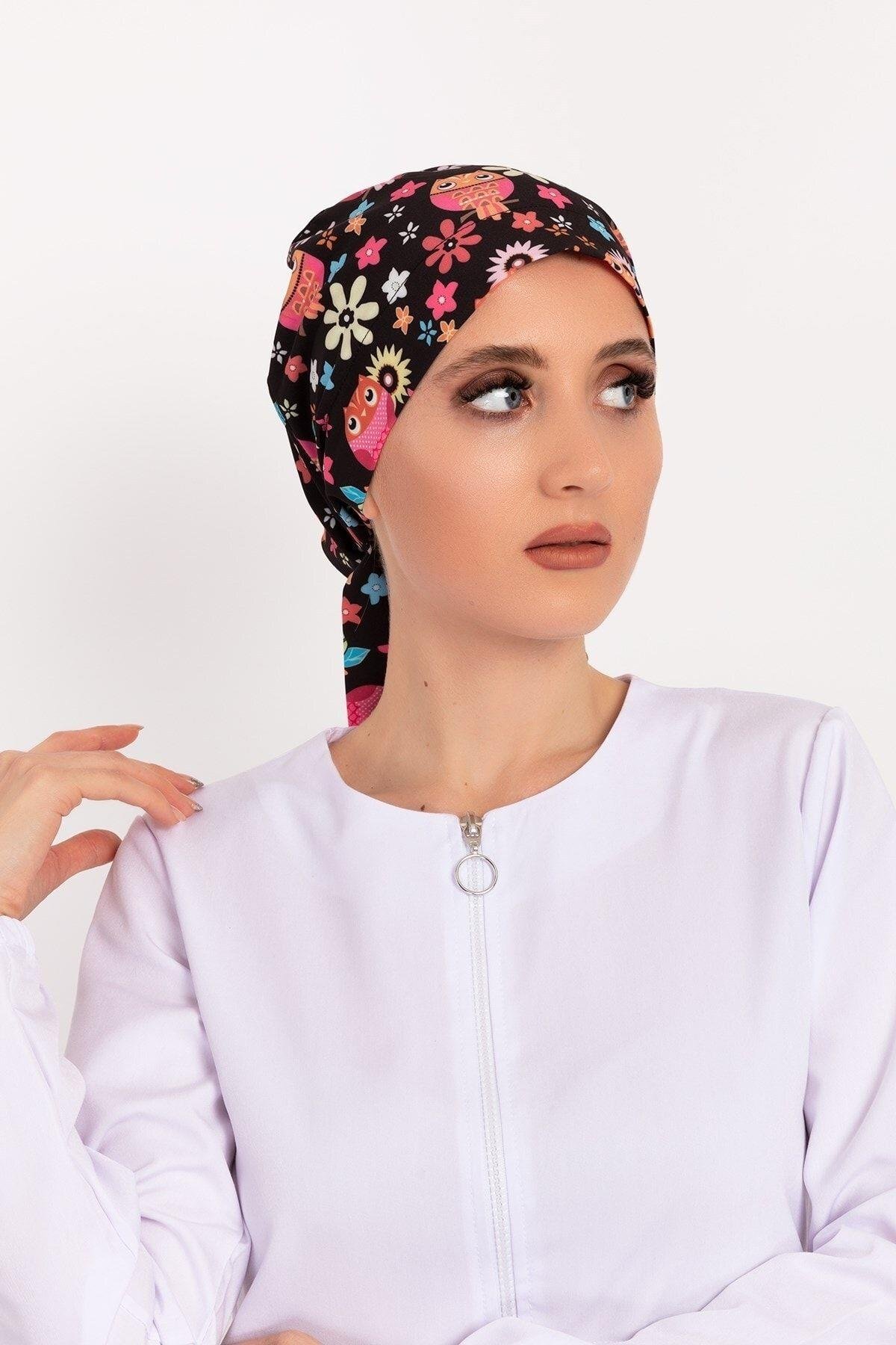 Kadın Çiçekli Baykuş Desenli Tesettür Doktor Hemşire Hastane Aşçı Cerrahi Bone-Nur Medikal Giyim