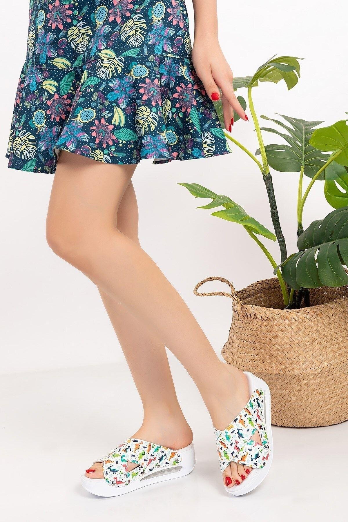 Kadın Dinozor Desenli Çapraz Model Açık Airmax Taban Ortopedik Terlik-Nur Ortopedi