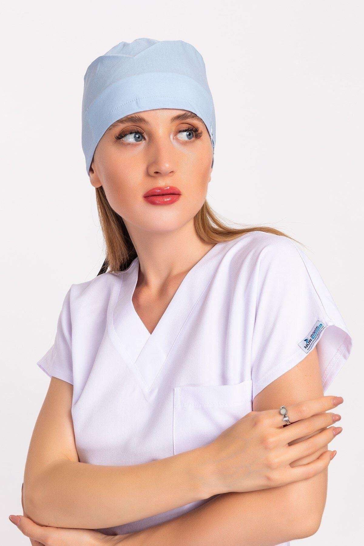 Kadın Düz Bebe Mavi Hastane Doktor Hemşire Aşçı Bonesi-Nur Medikal Giyim