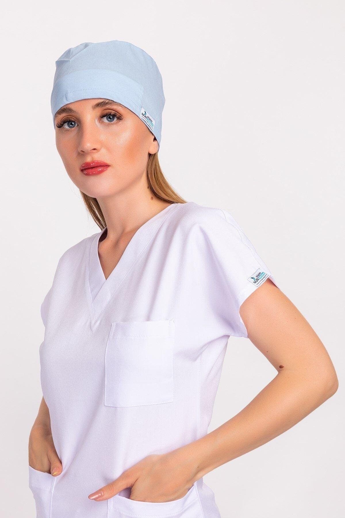 Kadın Düz Bebe Mavi Hastane Doktor Hemşire Aşçı Bonesi-Nur Medikal Giyim