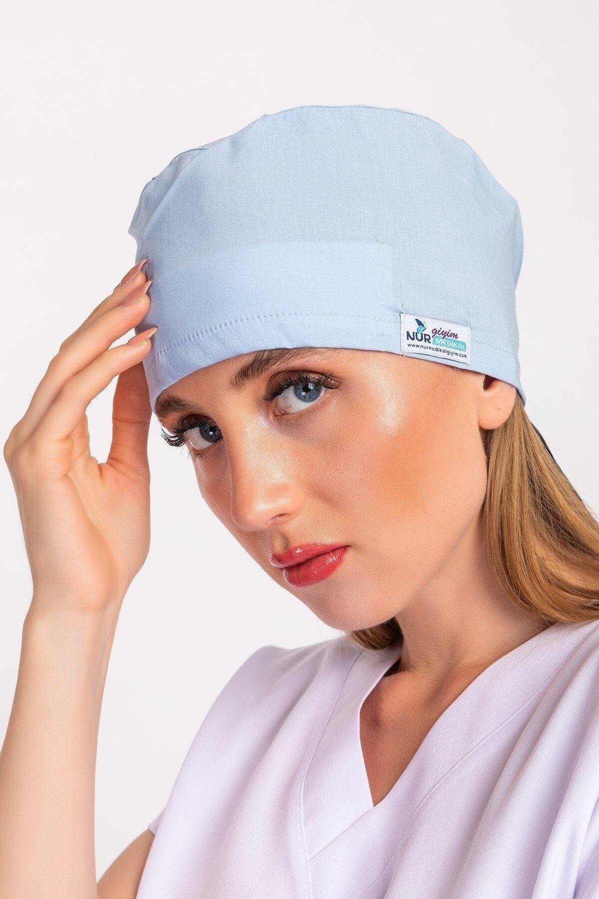 Kadın Düz Bebe Mavi Hastane Doktor Hemşire Aşçı Bonesi-Nur Medikal Giyim