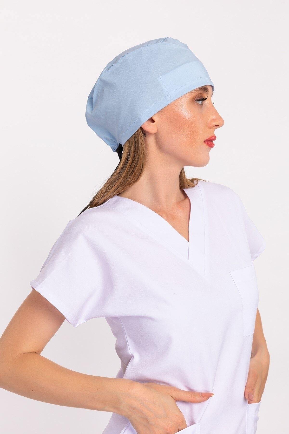 Kadın Düz Bebe Mavi Hastane Doktor Hemşire Aşçı Bonesi-Nur Medikal Giyim