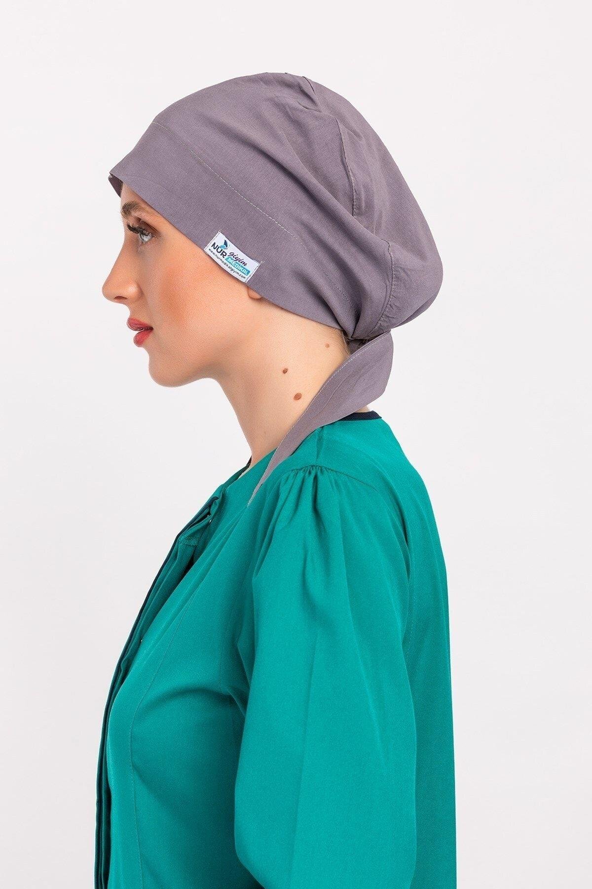 Kadın Düz Gri Desenli Tesettür Doktor Hemşire Hastane Aşçı Cerrahi Bone-Nur Medikal Giyim